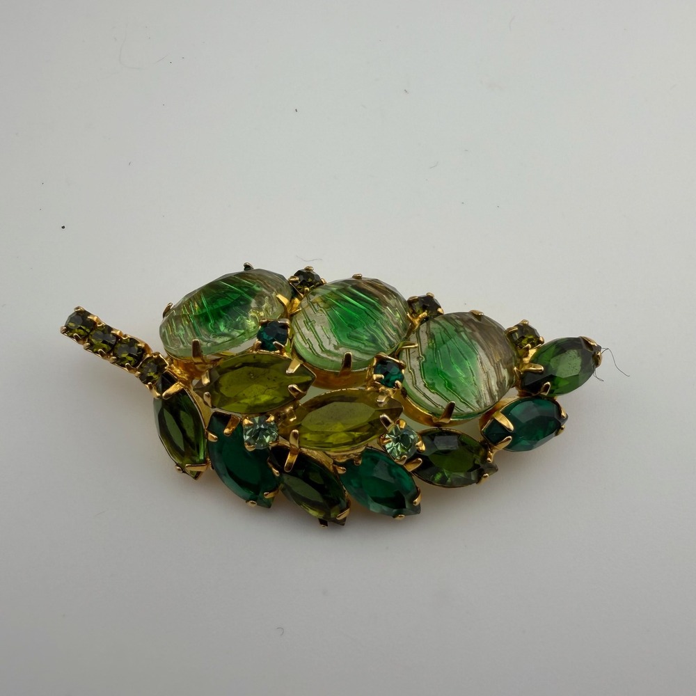 Vintage Reverse Carved Givre Rhinestone Leaf Brooch Statement Pin